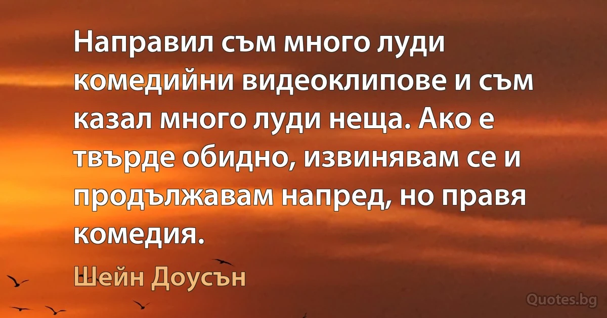 Направил съм много луди комедийни видеоклипове и съм казал много луди неща. Ако е твърде обидно, извинявам се и продължавам напред, но правя комедия. (Шейн Доусън)