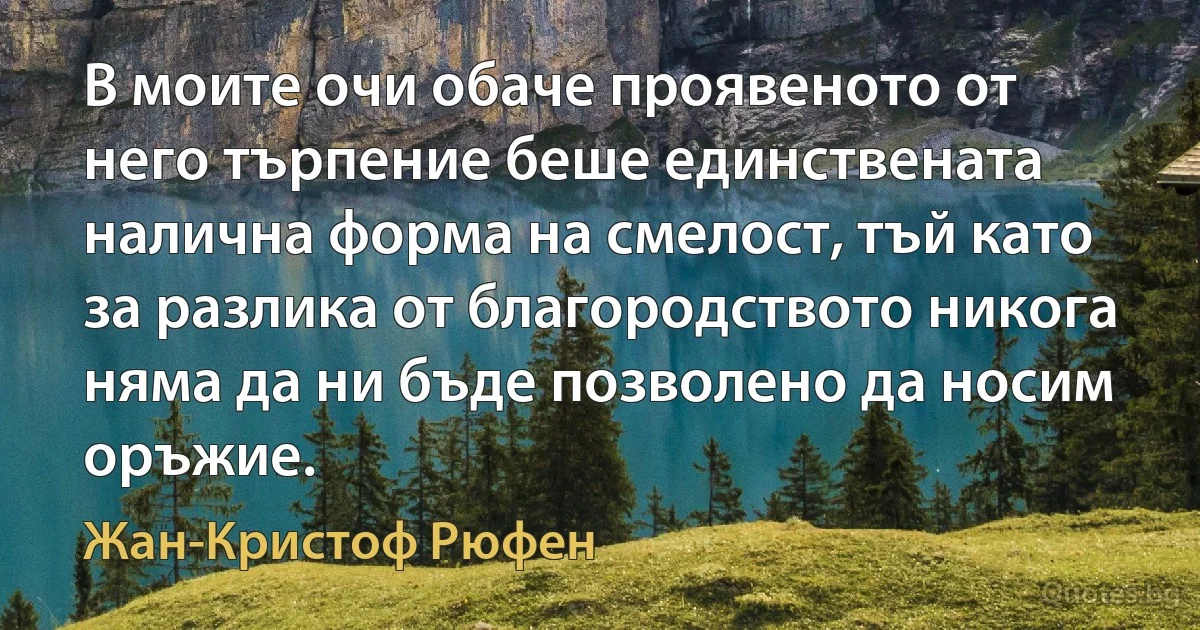 В моите очи обаче проявеното от него търпение беше единствената налична форма на смелост, тъй като за разлика от благородството никога няма да ни бъде позволено да носим оръжие. (Жан-Кристоф Рюфен)