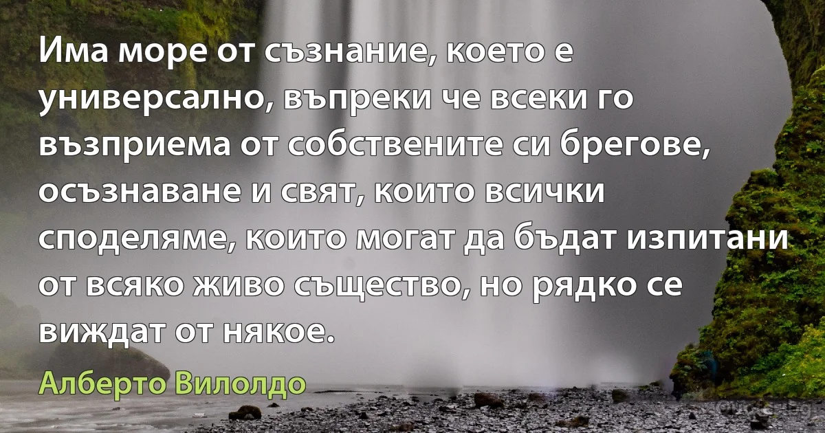 Има море от съзнание, което е универсално, въпреки че всеки го възприема от собствените си брегове, осъзнаване и свят, които всички споделяме, които могат да бъдат изпитани от всяко живо същество, но рядко се виждат от някое. (Алберто Вилолдо)