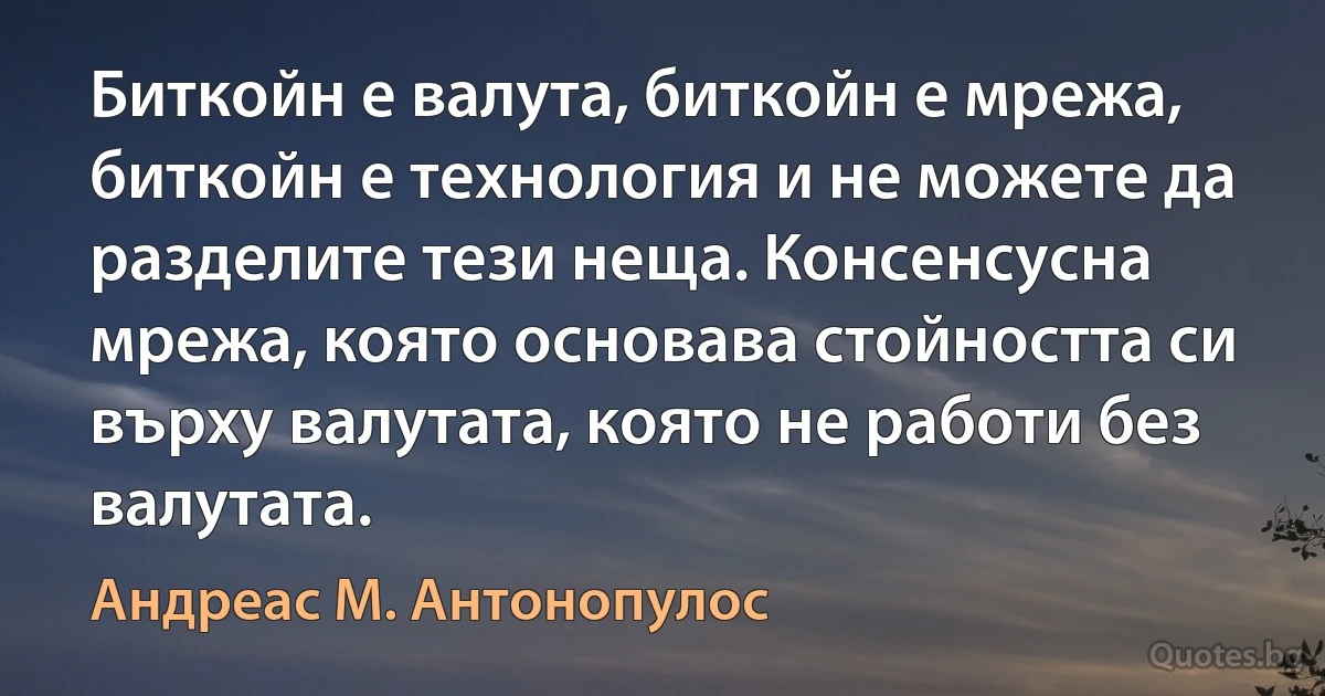 Биткойн е валута, биткойн е мрежа, биткойн е технология и не можете да разделите тези неща. Консенсусна мрежа, която основава стойността си върху валутата, която не работи без валутата. (Андреас М. Антонопулос)