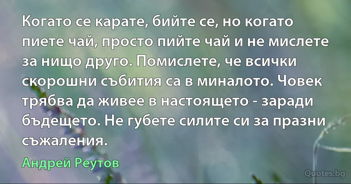 Когато се карате, бийте се, но когато пиете чай, просто пийте чай и не мислете за нищо друго. Помислете, че всички скорошни събития са в миналото. Човек трябва да живее в настоящето - заради бъдещето. Не губете силите си за празни съжаления. (Андрей Реутов)