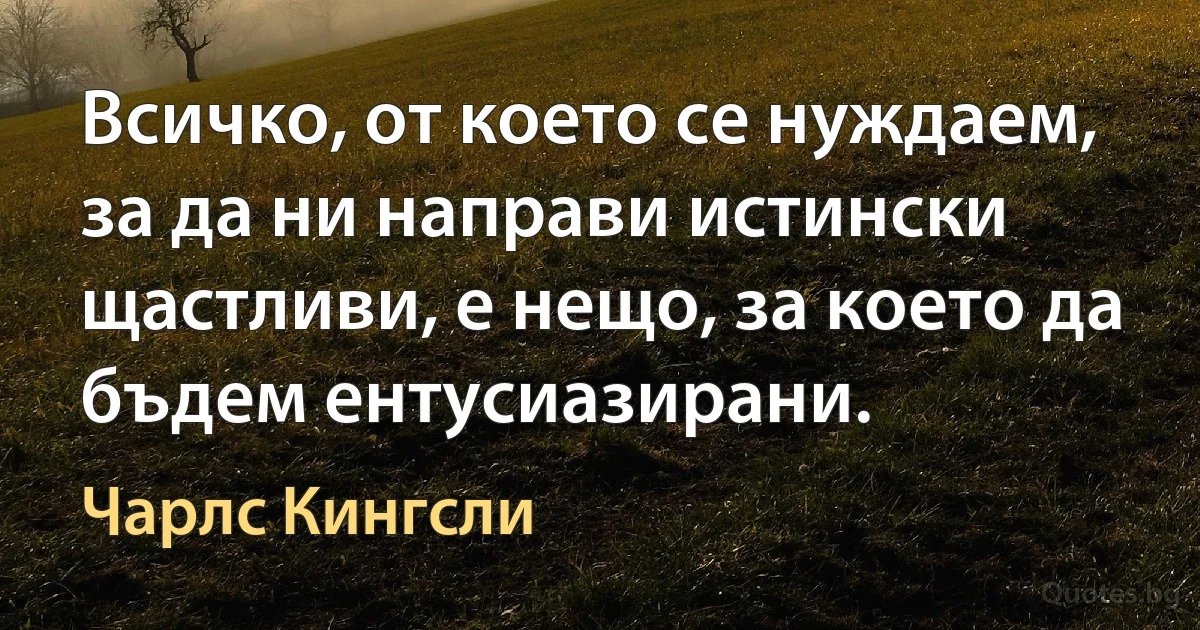 Всичко, от което се нуждаем, за да ни направи истински щастливи, е нещо, за което да бъдем ентусиазирани. (Чарлс Кингсли)