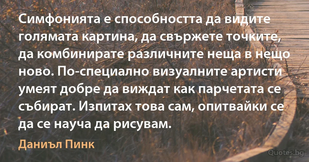 Симфонията е способността да видите голямата картина, да свържете точките, да комбинирате различните неща в нещо ново. По-специално визуалните артисти умеят добре да виждат как парчетата се събират. Изпитах това сам, опитвайки се да се науча да рисувам. (Даниъл Пинк)