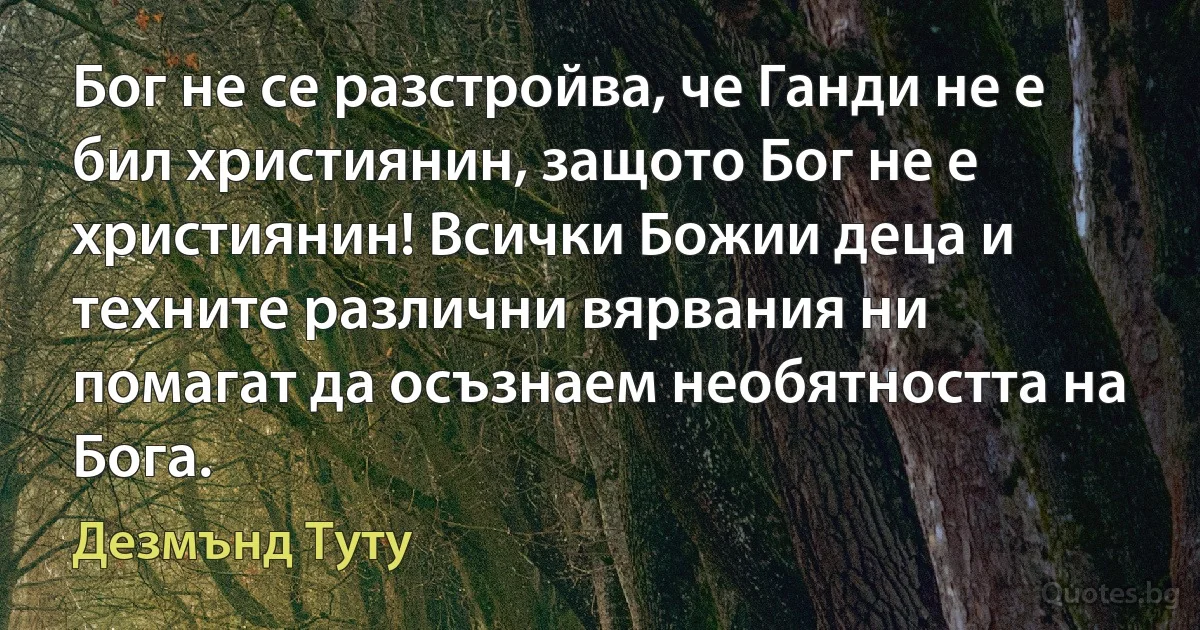 Бог не се разстройва, че Ганди не е бил християнин, защото Бог не е християнин! Всички Божии деца и техните различни вярвания ни помагат да осъзнаем необятността на Бога. (Дезмънд Туту)