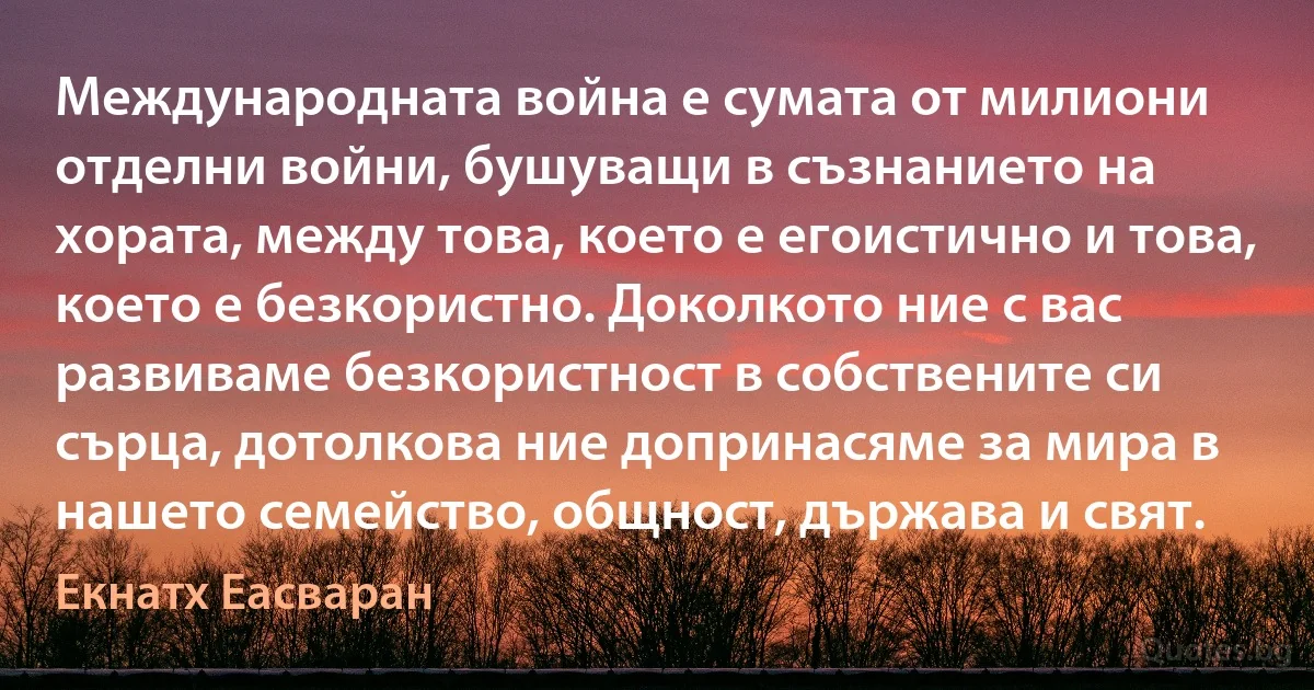 Международната война е сумата от милиони отделни войни, бушуващи в съзнанието на хората, между това, което е егоистично и това, което е безкористно. Доколкото ние с вас развиваме безкористност в собствените си сърца, дотолкова ние допринасяме за мира в нашето семейство, общност, държава и свят. (Екнатх Еасваран)