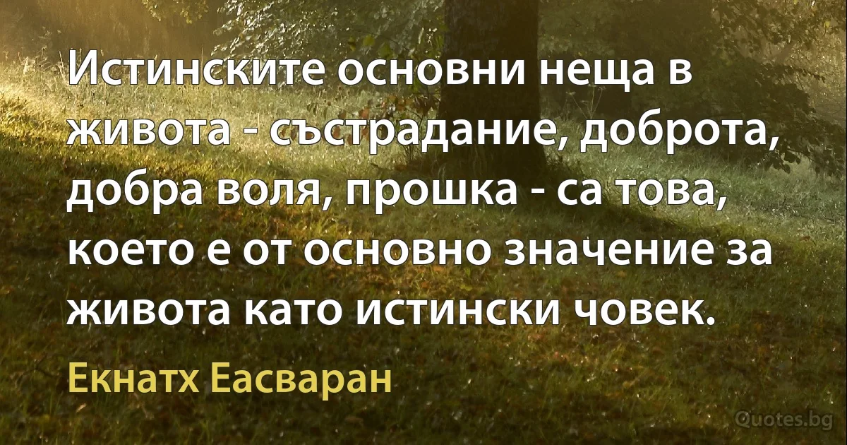 Истинските основни неща в живота - състрадание, доброта, добра воля, прошка - са това, което е от основно значение за живота като истински човек. (Екнатх Еасваран)