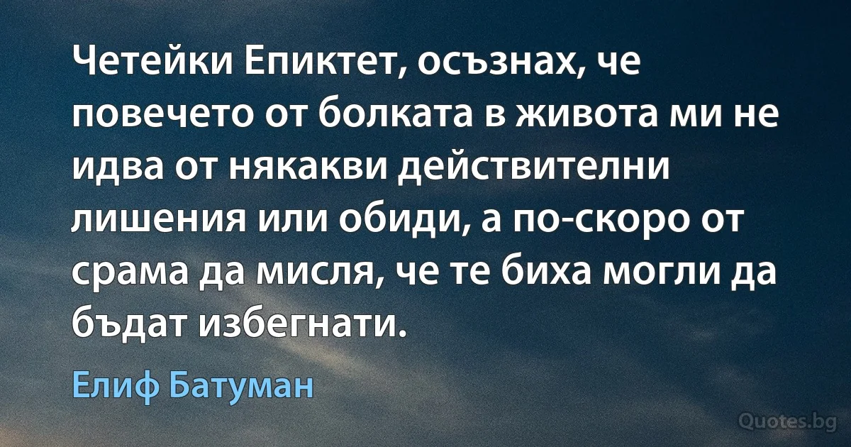 Четейки Епиктет, осъзнах, че повечето от болката в живота ми не идва от някакви действителни лишения или обиди, а по-скоро от срама да мисля, че те биха могли да бъдат избегнати. (Елиф Батуман)