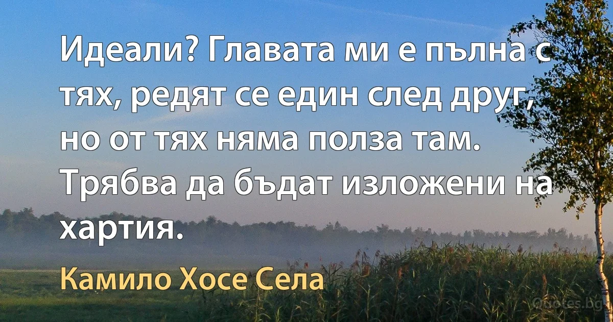 Идеали? Главата ми е пълна с тях, редят се един след друг, но от тях няма полза там. Трябва да бъдат изложени на хартия. (Камило Хосе Села)