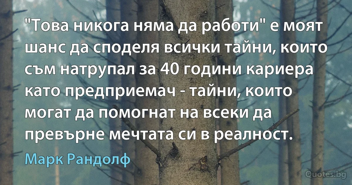 "Това никога няма да работи" е моят шанс да споделя всички тайни, които съм натрупал за 40 години кариера като предприемач - тайни, които могат да помогнат на всеки да превърне мечтата си в реалност. (Марк Рандолф)