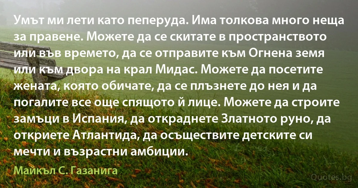 Умът ми лети като пеперуда. Има толкова много неща за правене. Можете да се скитате в пространството или във времето, да се отправите към Огнена земя или към двора на крал Мидас. Можете да посетите жената, която обичате, да се плъзнете до нея и да погалите все още спящото й лице. Можете да строите замъци в Испания, да откраднете Златното руно, да откриете Атлантида, да осъществите детските си мечти и възрастни амбиции. (Майкъл С. Газанига)