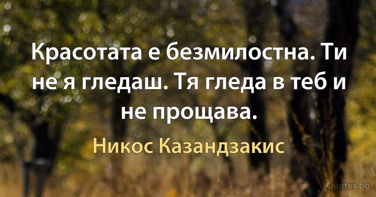 Красотата е безмилостна. Ти не я гледаш. Тя гледа в теб и не прощава. (Никос Казандзакис)