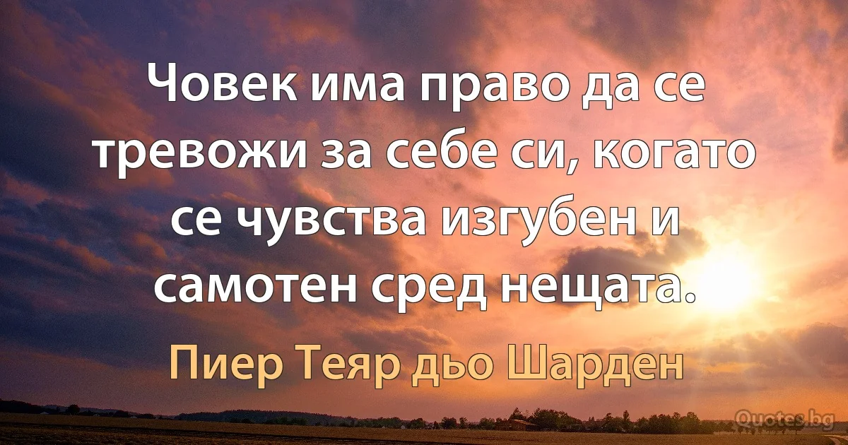 Човек има право да се тревожи за себе си, когато се чувства изгубен и самотен сред нещата. (Пиер Теяр дьо Шарден)