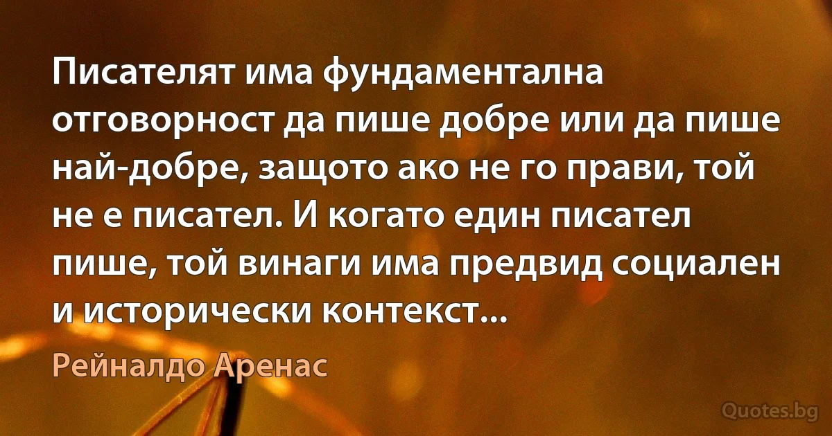 Писателят има фундаментална отговорност да пише добре или да пише най-добре, защото ако не го прави, той не е писател. И когато един писател пише, той винаги има предвид социален и исторически контекст... (Рейналдо Аренас)