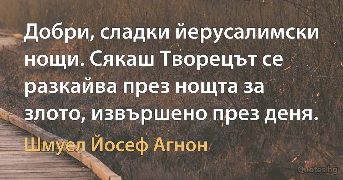 Добри, сладки йерусалимски нощи. Сякаш Творецът се разкайва през нощта за злото, извършено през деня. (Шмуел Йосеф Агнон)