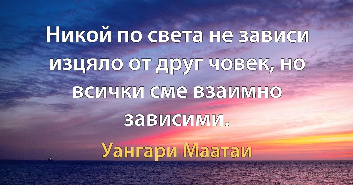 Никой по света не зависи изцяло от друг човек, но всички сме взаимно зависими. (Уангари Маатаи)