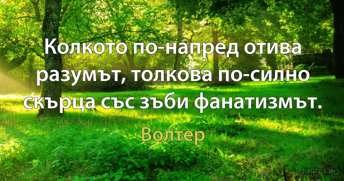 Колкото по-напред отива разумът, толкова по-силно скърца със зъби фанатизмът. (Волтер)