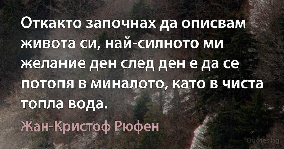 Откакто започнах да описвам живота си, най-силното ми желание ден след ден е да се потопя в миналото, като в чиста топла вода. (Жан-Кристоф Рюфен)